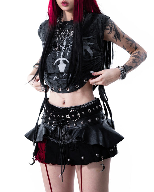 【SATSUN NIGHT】KURO FOUR-LAYERS MINI  SKIRT & BELT - BLACK