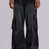 Faded Black Cargo Studded Drawstring Multi-Pocket Jeans
