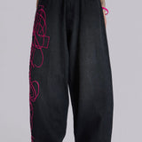 Super Baggy Washed Black Pink Embroidered Retro Jeans