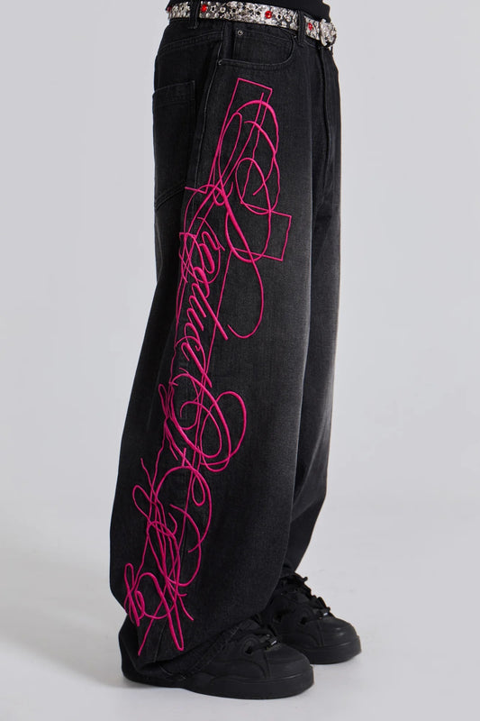 Super Baggy Washed Black Pink Embroidered Retro Jeans