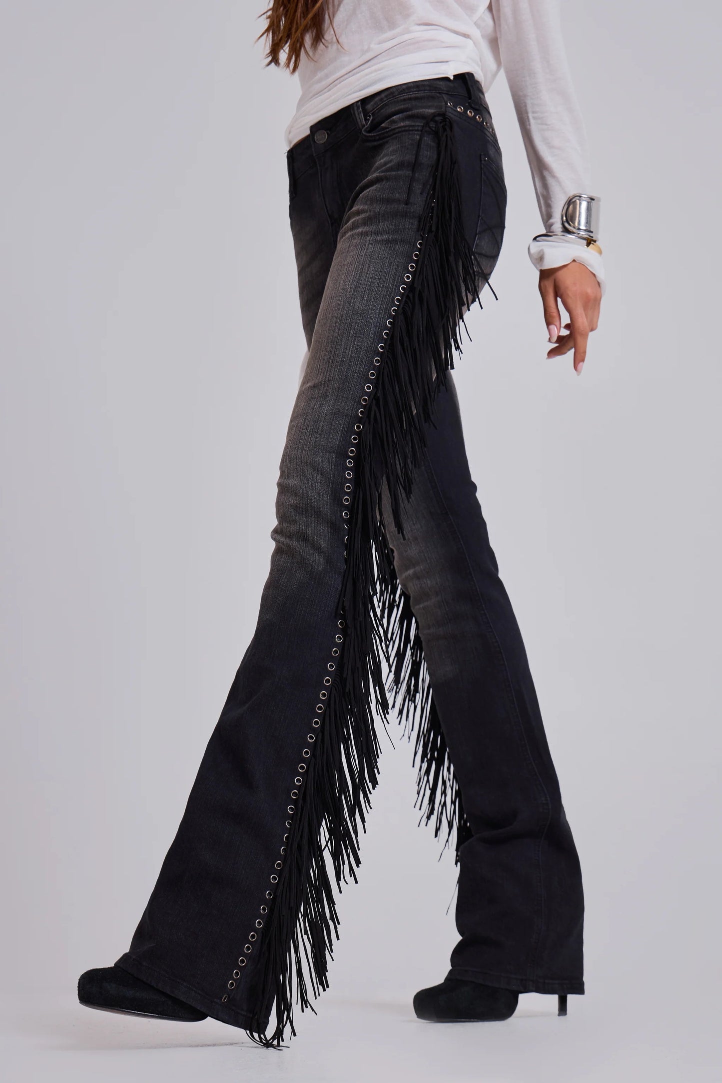 El Topo Black Washed Tassel Flare Jeans