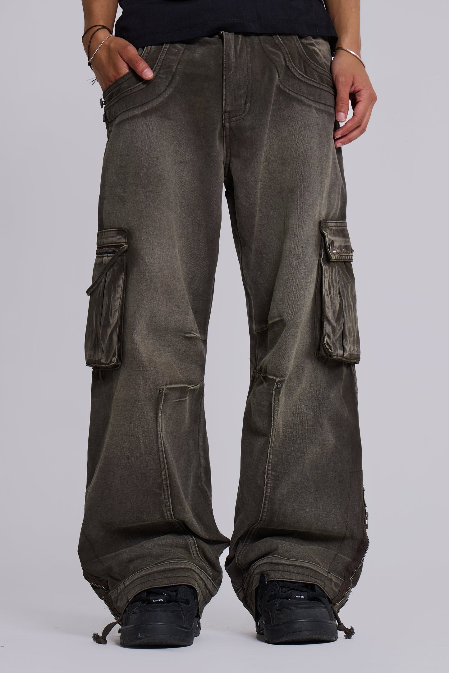 Faded Khaki Cargo Studded Drawstring Multi-Pocket Jeans