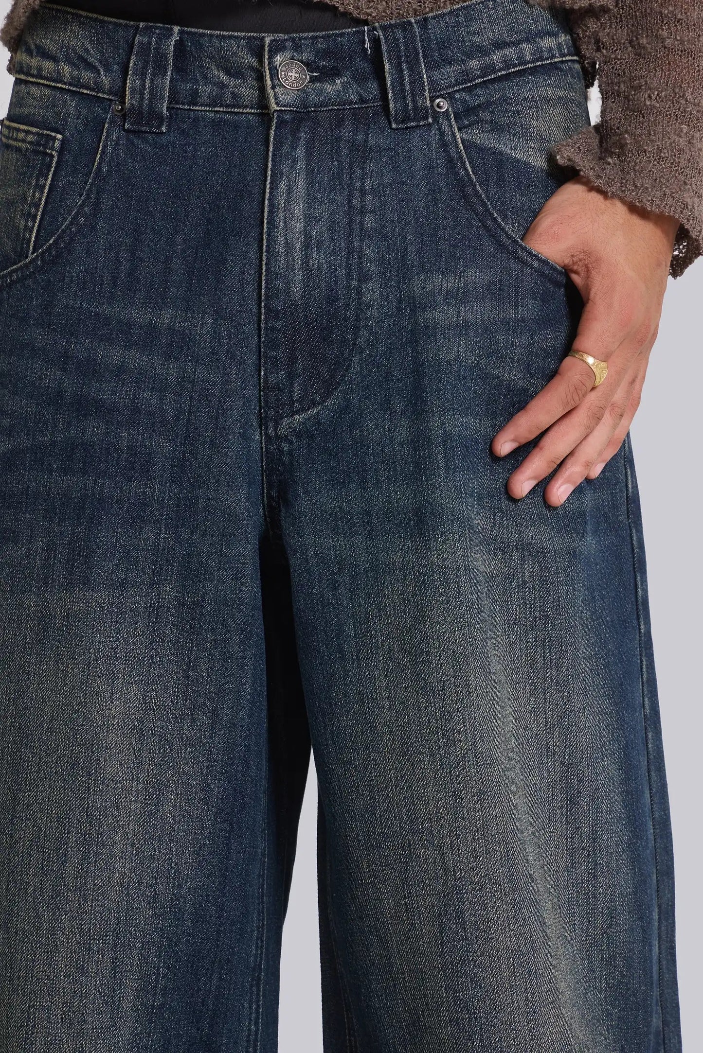 Low Rise Mid-Blue Coarse Tweed Wide-Leg Jeans