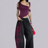 Super Baggy Washed Black Pink Embroidered Retro Jeans