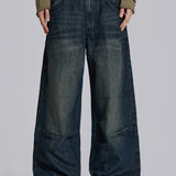 Low Rise Mid-Blue Coarse Tweed Wide-Leg Jeans