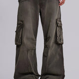 Faded Black Cargo Studded Drawstring Multi-Pocket Jeans