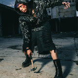 ”Truth“ Printed Distressed Knee Waxed Cloud Work Jorts