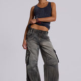 Faded Khaki Cargo Studded Drawstring Multi-Pocket Jeans