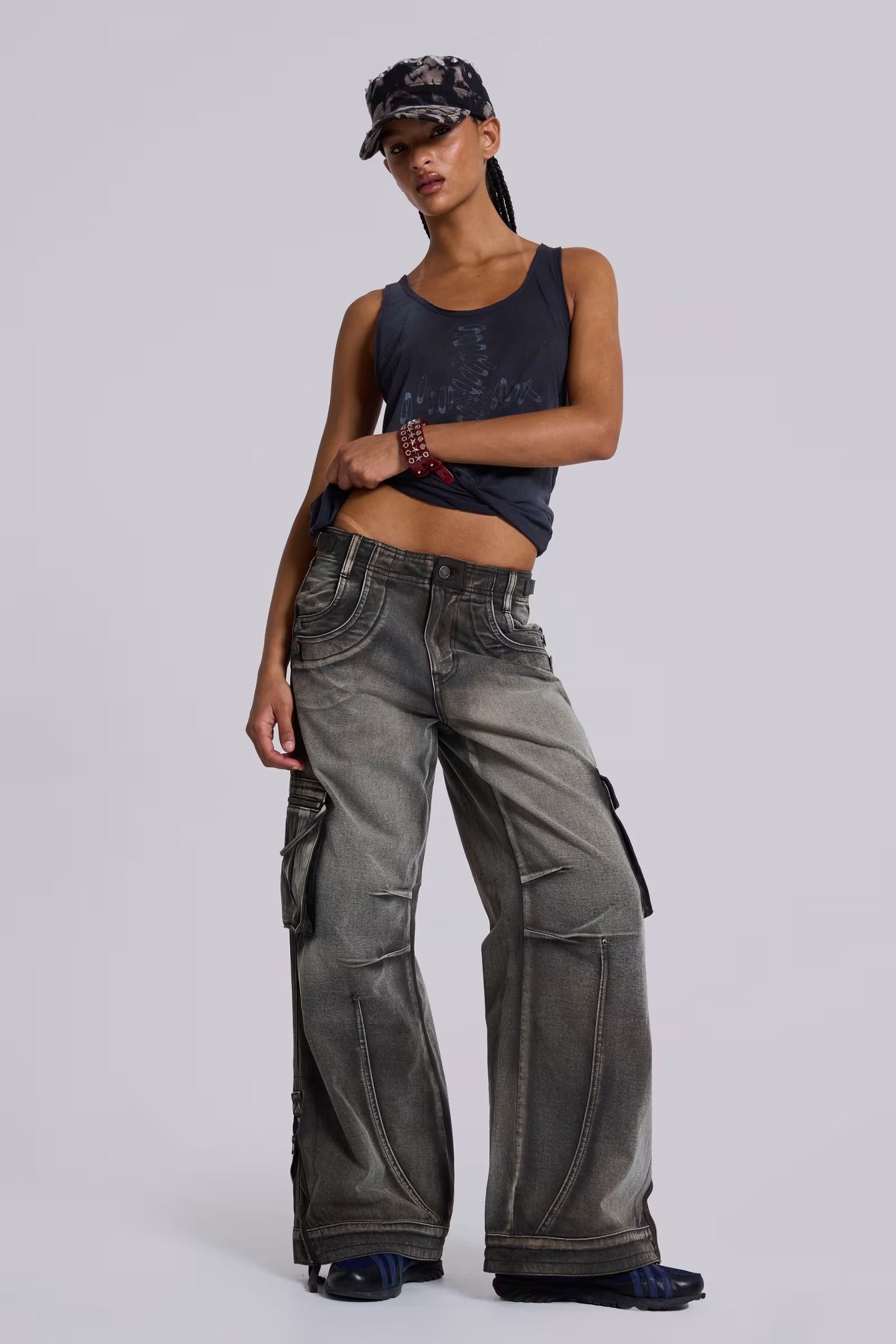 Faded Khaki Cargo Studded Drawstring Multi-Pocket Jeans