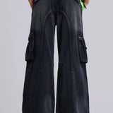 Faded Khaki Cargo Studded Drawstring Multi-Pocket Jeans