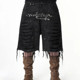 ”Truth“ Printed Distressed Knee Waxed Cloud Work Jorts