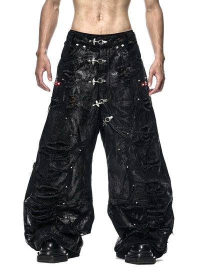 Black Wax Ripped Wide Pants