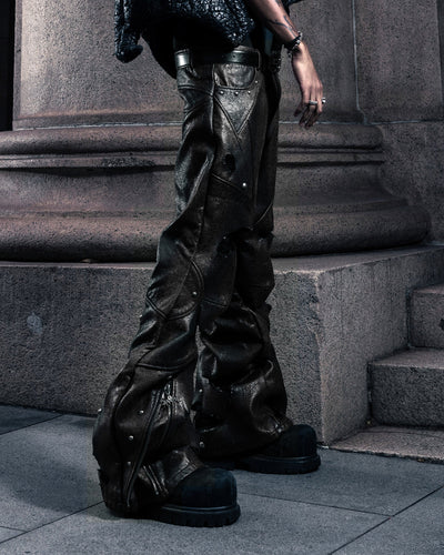 SSN V.05 SNAKE SKIN DENIM DISTRESSED FLARED PANTS - BLACK