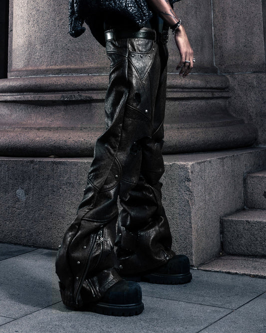 SSN V.05 SNAKE SKIN DENIM DISTRESSED FLARED PANTS - BLACK