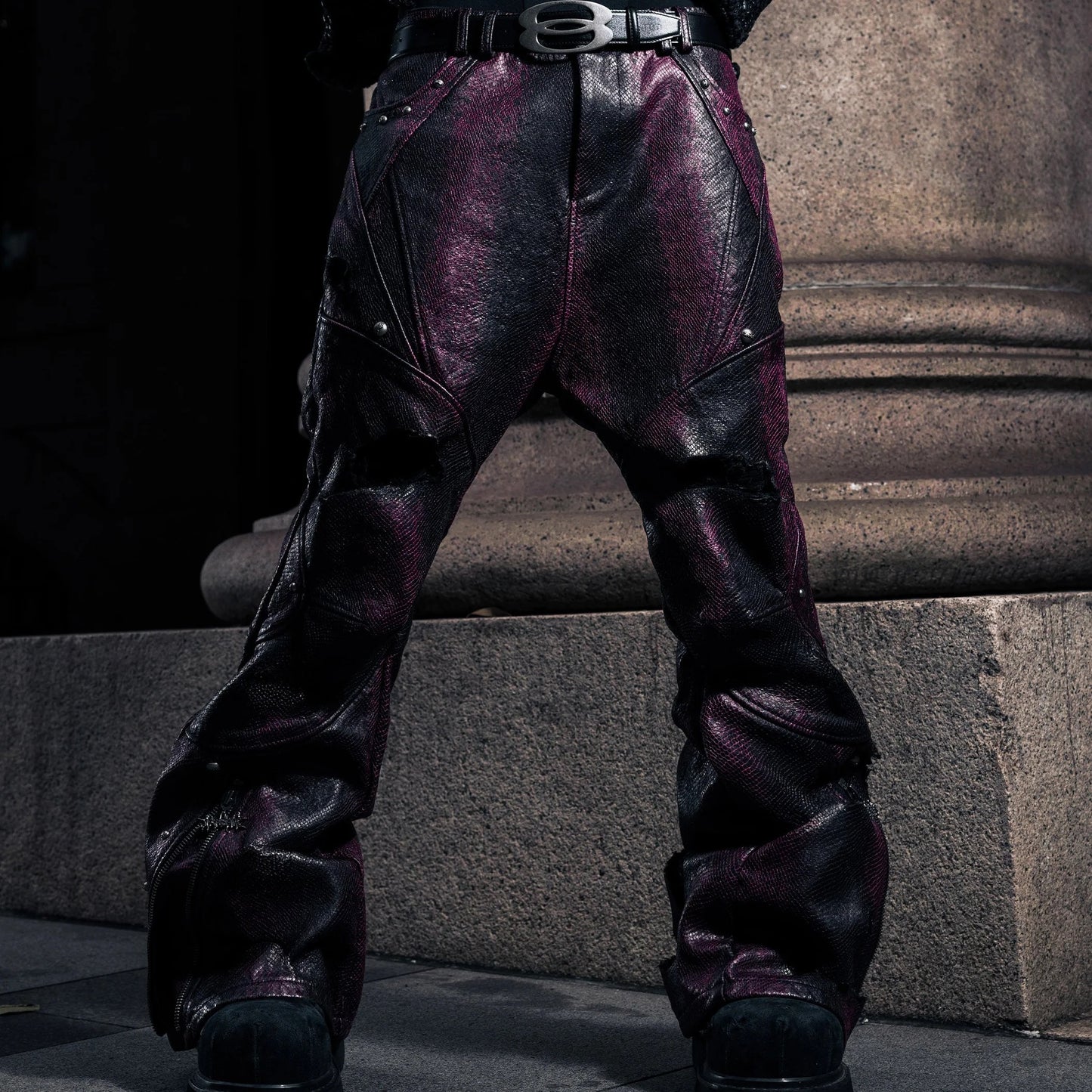 【SATSUN NIGHT】SSN V.05 SNAKE SKIN DENIM DISTRESSED FLARED PANTS - DARK RED（LIMITED EDITION)