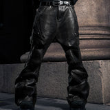 SSN V.05 SNAKE SKIN DENIM DISTRESSED FLARED PANTS - BLACK