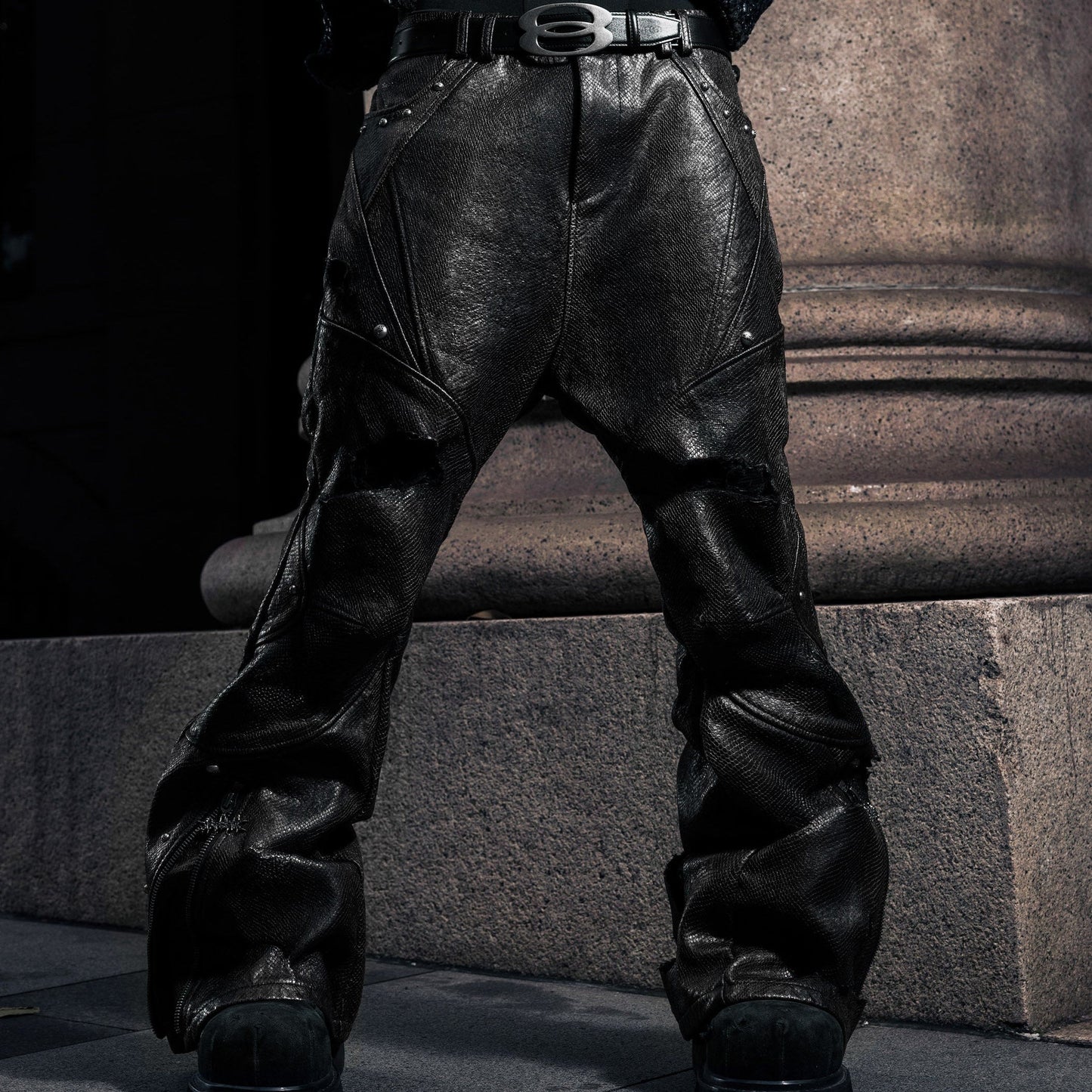 【SATSUN NIGHT】SSN V.05 SNAKE SKIN DENIM DISTRESSED FLARED PANTS - BLACK (PRE-ORDER)