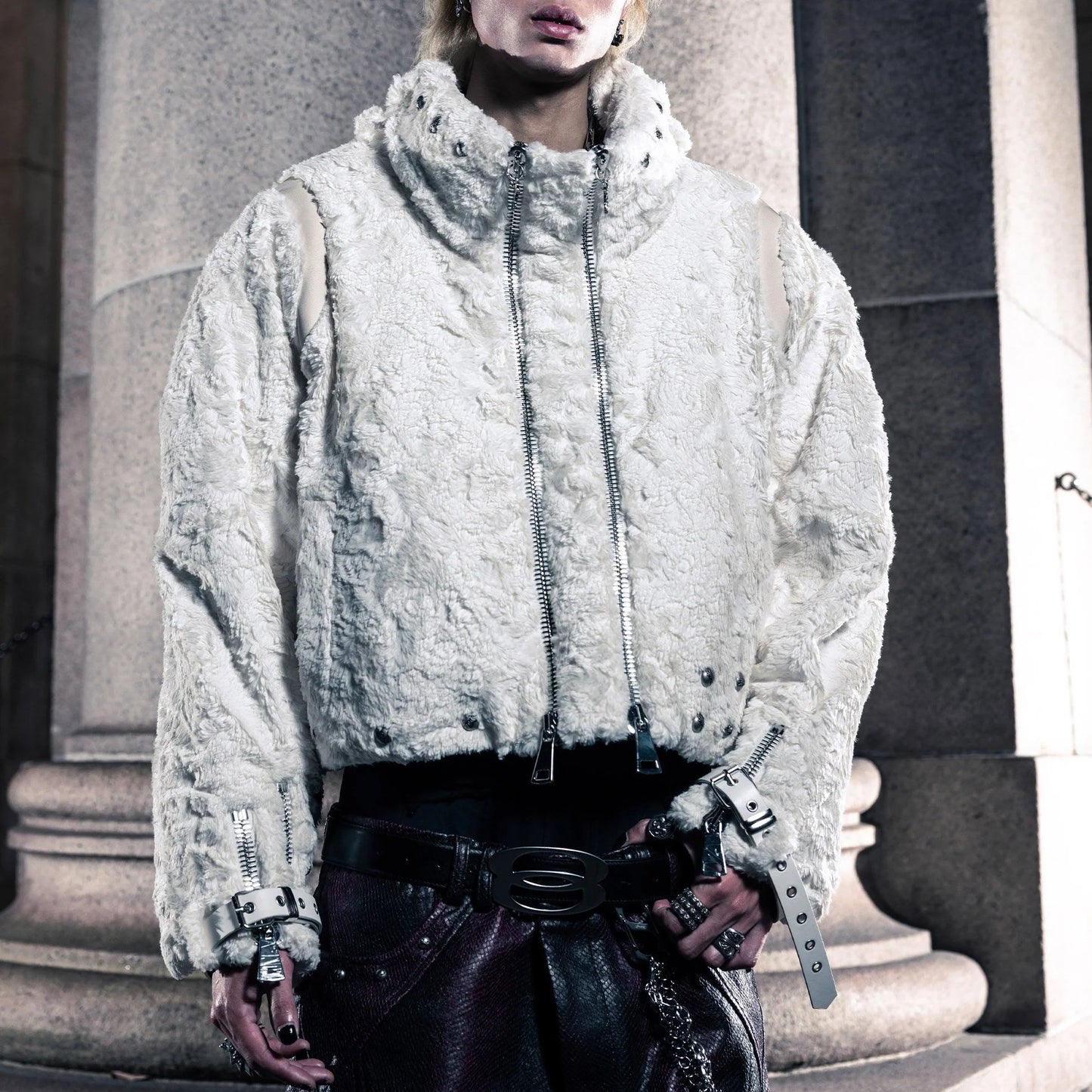 【SATSUN NIGHT】DOUBLE SLIDERS & DOUBLE ZIPPER BEIGE FLEECE JACKET (PRE-ORDER,LIMITED)