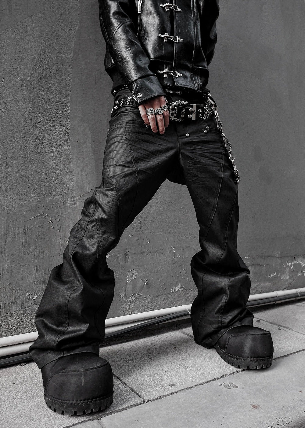 【RICH】Double Waist Flare Waxed Pants