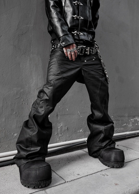 【RICH】Double Waist Flare Waxed Pants