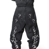 “Lies” Double-Daggers Printed Waxed Cloud Baggy Jeans