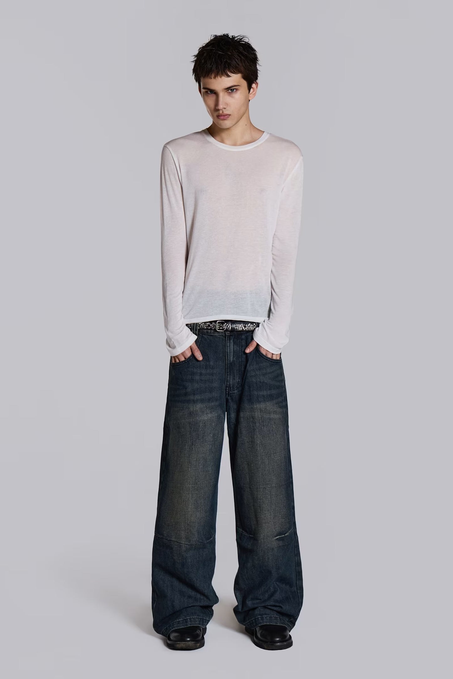 Low Rise Mid-Blue Coarse Tweed Wide-Leg Jeans