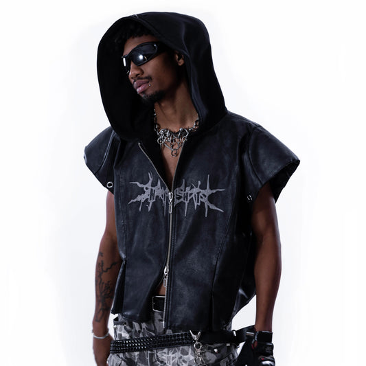 【SATSUN NIGHT】<IT's N0T BLACK & WHITE>  LEATHER VEST - BLACK