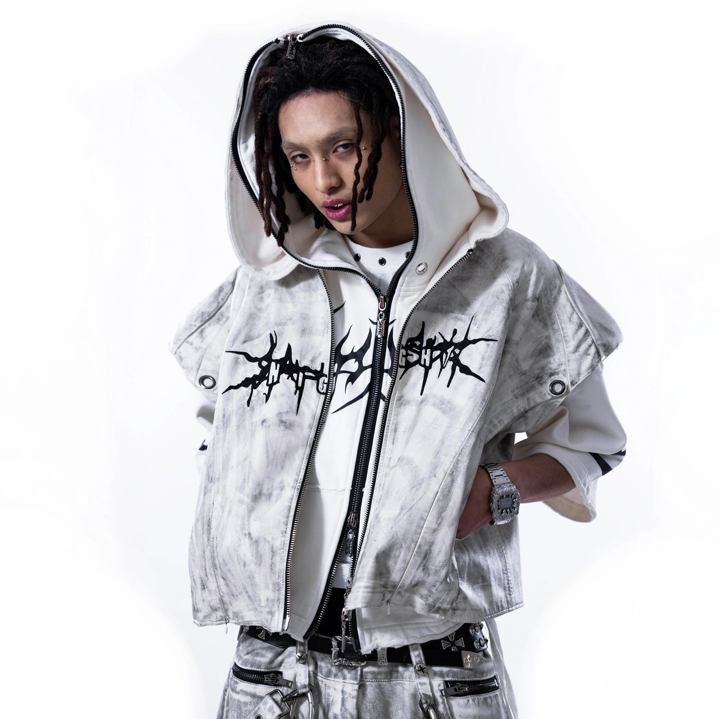 【SATSUN NIGHT】<it n0t black white> LEATHER VEST - POLLUTED WHITE</it>
