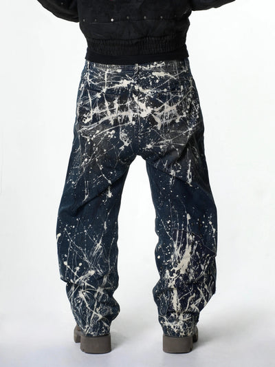 “Relationship“ Printed Splashed Ink Washed Jeans in Blue