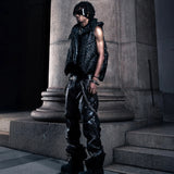SSN V.05 SNAKE SKIN DENIM DISTRESSED FLARED PANTS - BLACK