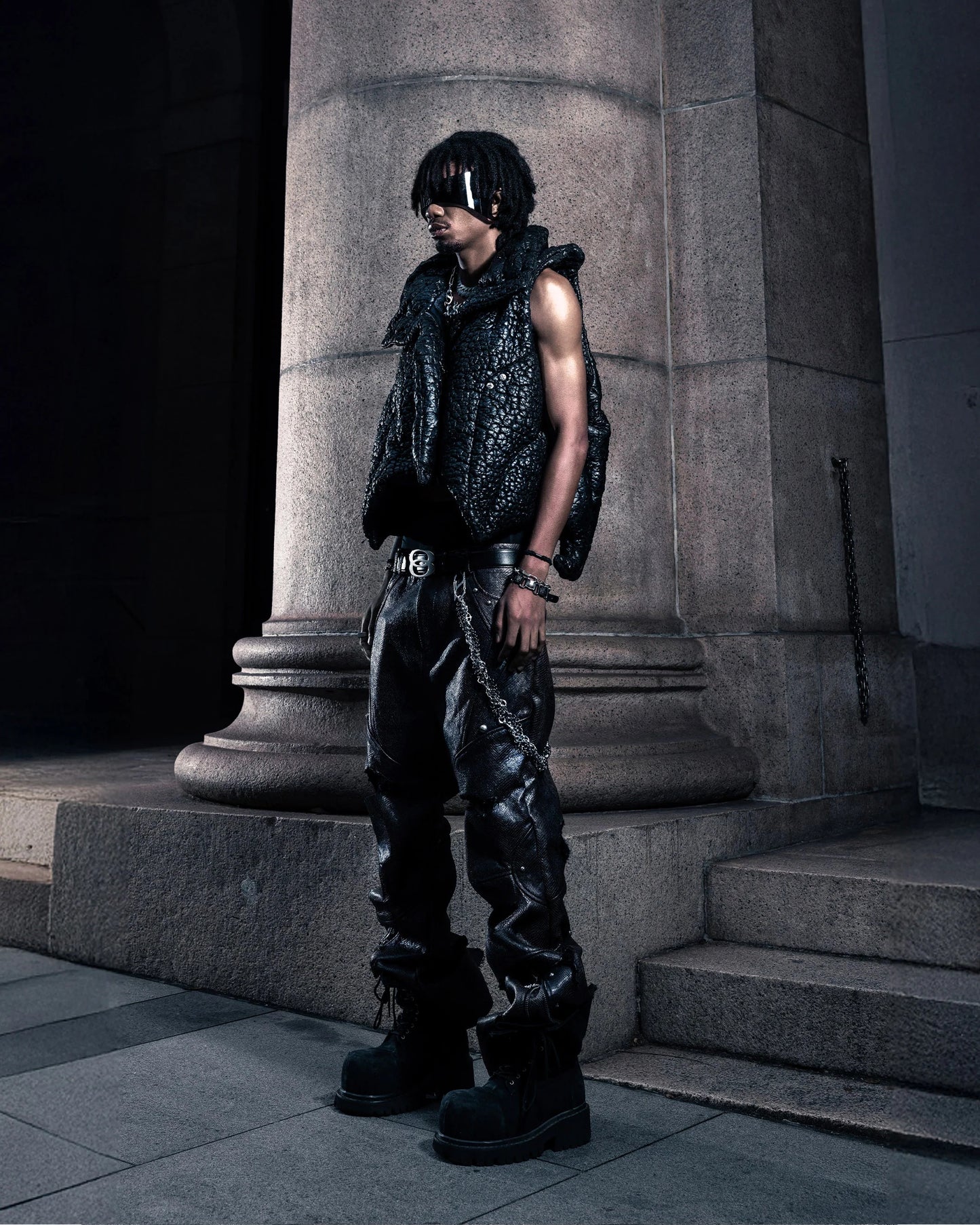 【SATSUN NIGHT】SSN V.05 SNAKE SKIN DENIM DISTRESSED FLARED PANTS - BLACK (PRE-ORDER)