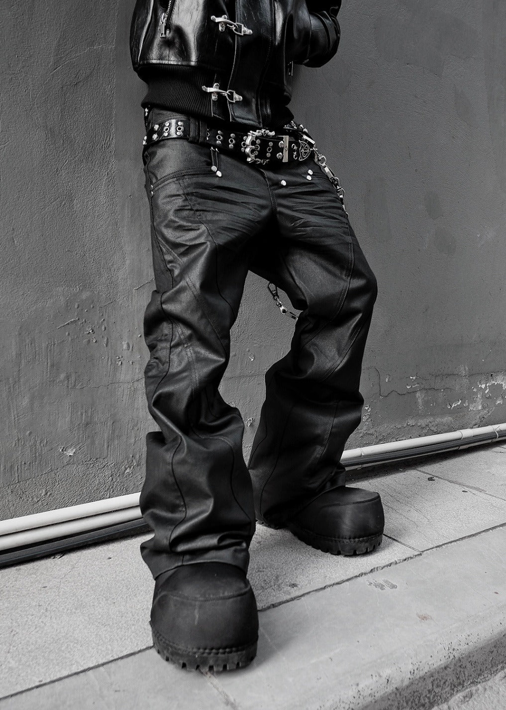 【RICH】Double Waist Flare Waxed Pants