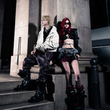 SSN V.05 SNAKE SKIN DENIM DISTRESSED FLARED PANTS - DARK RED（LIMITED EDITION)