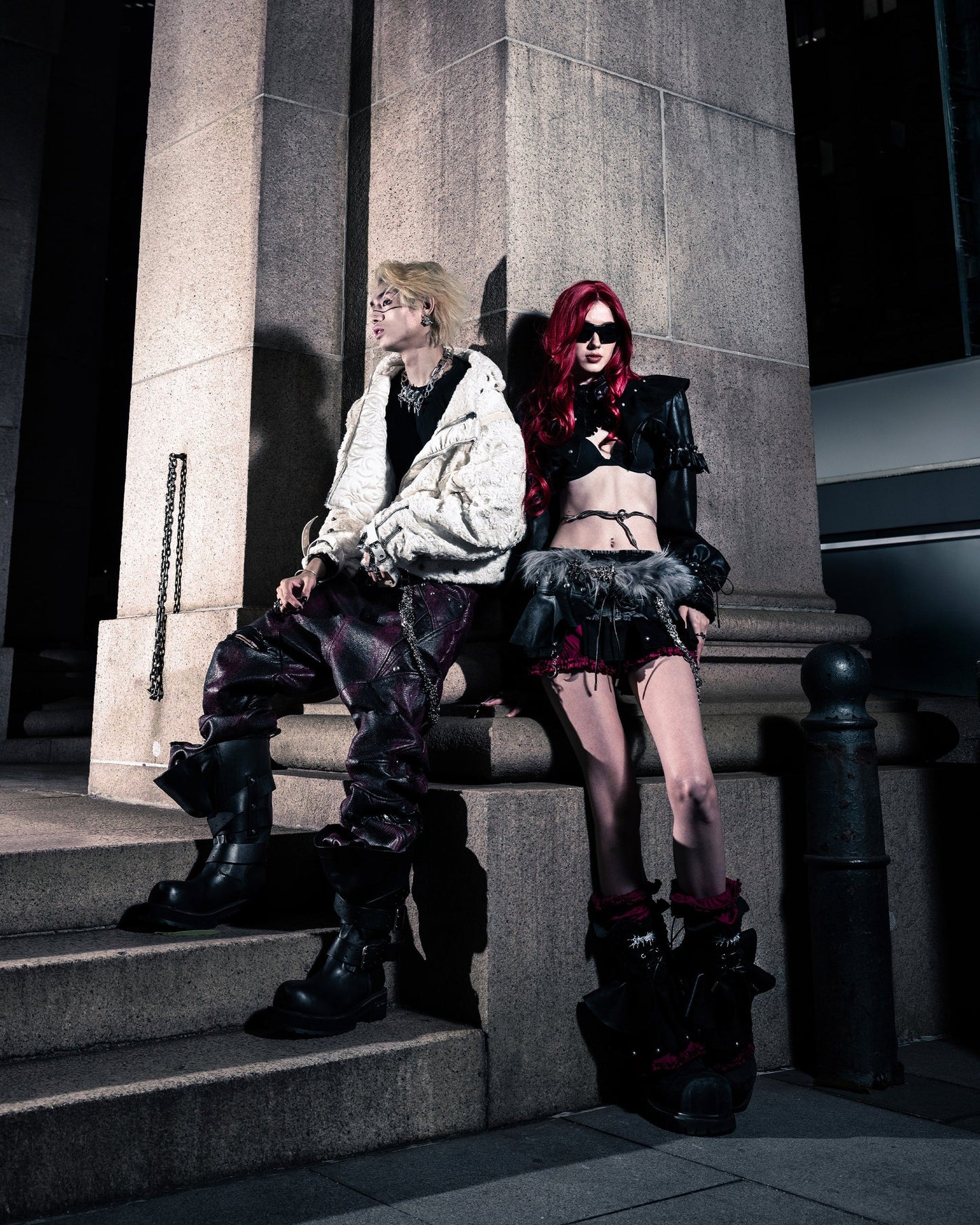 【SATSUN NIGHT】SSN V.05 SNAKE SKIN DENIM DISTRESSED FLARED PANTS - DARK RED（LIMITED EDITION)