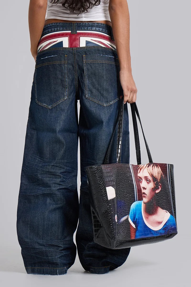 Faux Leather Applique Union Jack Indigo Colossus Baggy Jeans