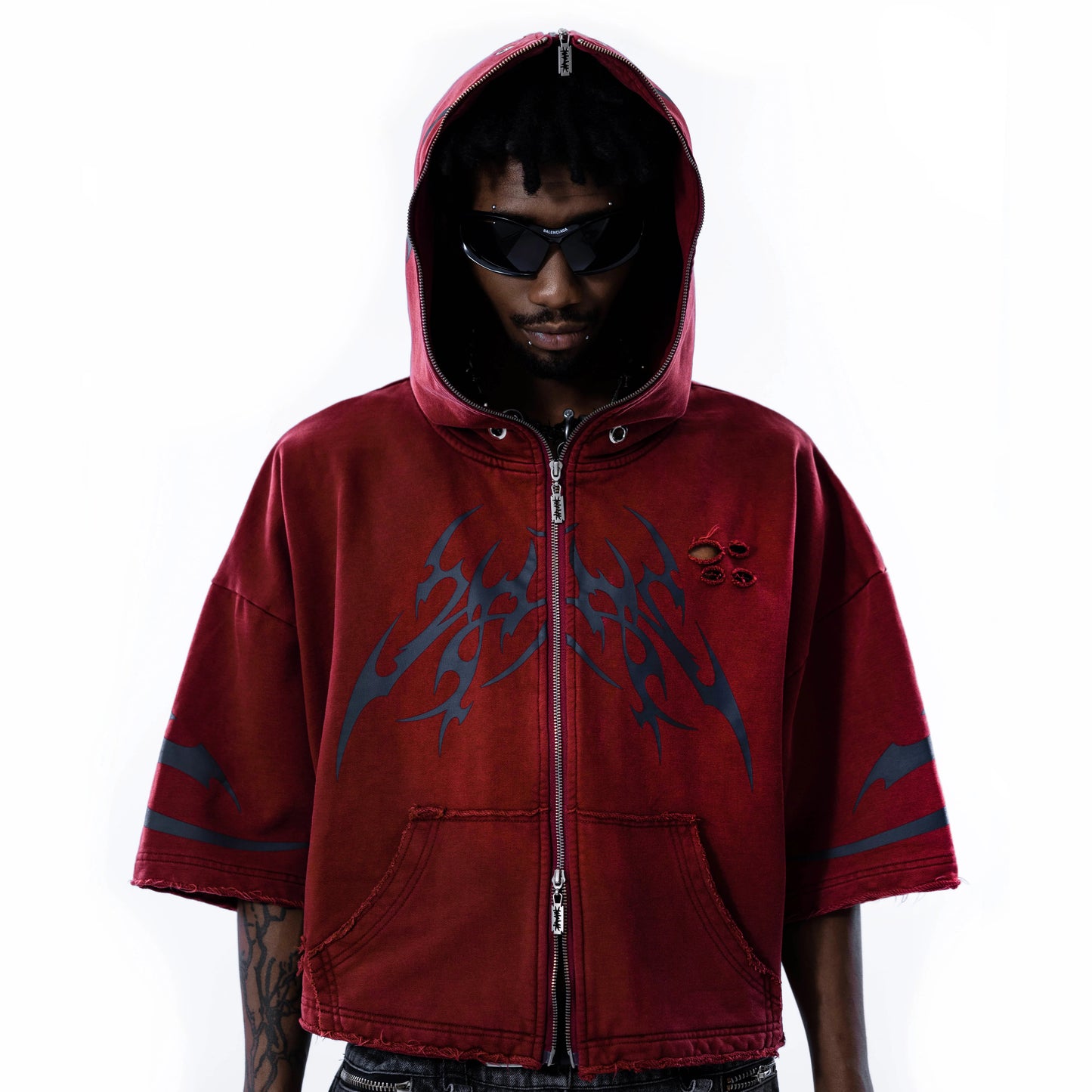 【SATSUN NIGHT】<it n0t black white> - SHORT JACKET - WASHED DRAK RED</it>