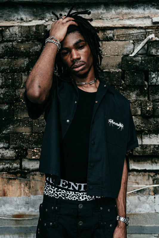 【THOUGHT WE FRIENDS】"Cassian" Embroidered Work Shirt in Black