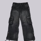 Faded Black Cargo Studded Drawstring Multi-Pocket Jeans