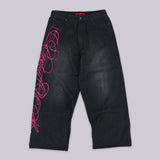 Super Baggy Washed Black Pink Embroidered Retro Jeans
