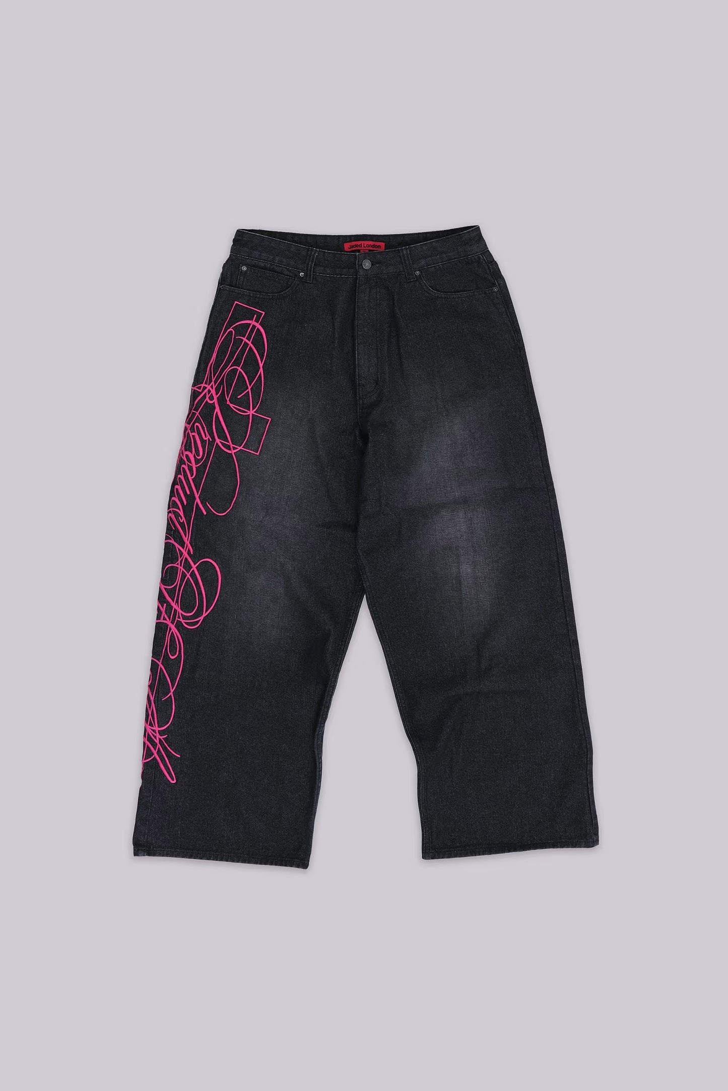 Super Baggy Washed Black Pink Embroidered Retro Jeans