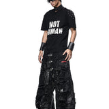 Black Wax Ripped Wide Pants