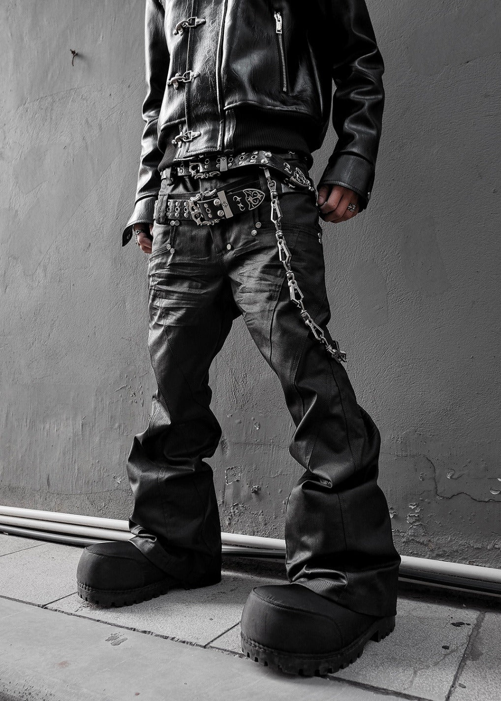 【RICH】Double Waist Flare Waxed Pants