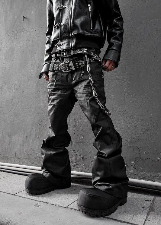 【RICH】Double Waist Flare Waxed Pants