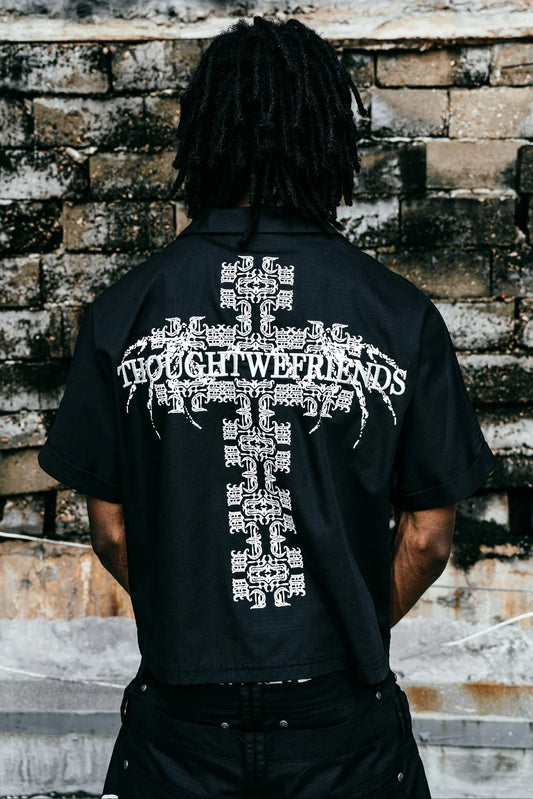 【THOUGHT WE FRIENDS】"Cassian" Embroidered Work Shirt in Black