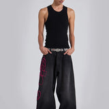 Super Baggy Washed Black Pink Embroidered Retro Jeans