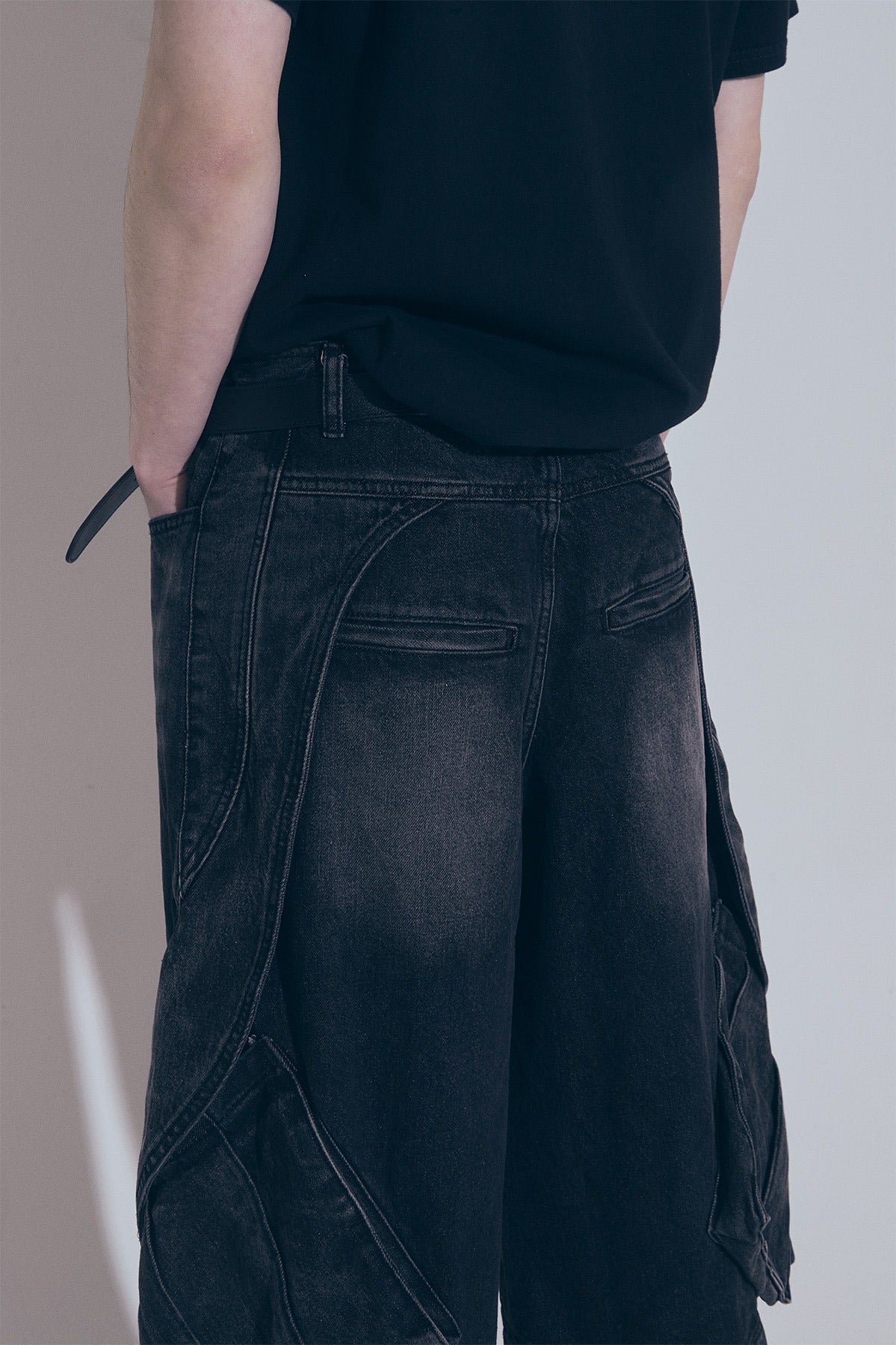 【BLR BLUER】CURVED COVER CARGO BERMUDA WASHING DENIM PANTS 