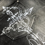 <LOST IN CASTLE> CURVED DENIM PANTS - WASHED BLACK