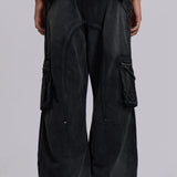 Faded Black Cargo Studded Drawstring Multi-Pocket Jeans