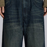 Low Rise Mid-Blue Coarse Tweed Wide-Leg Jeans