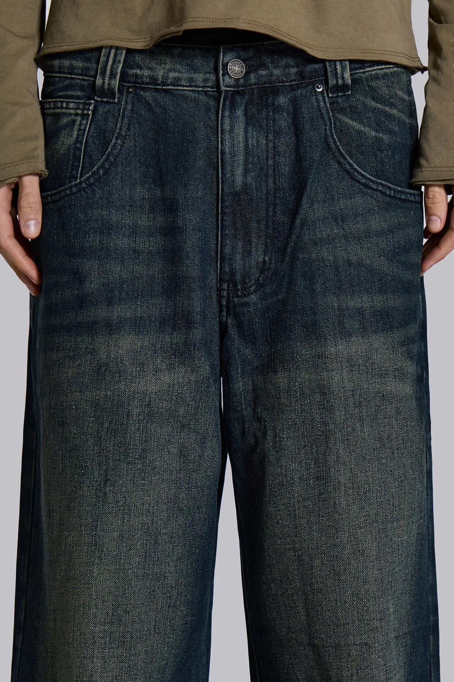 Low Rise Mid-Blue Coarse Tweed Wide-Leg Jeans